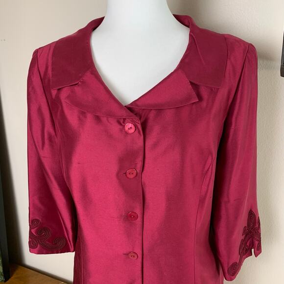 Talbots Size 14 Skirt Suit Blazer Jacket Pure Silk Burgundy Wine Formal Holiday - Picture 4 of 10